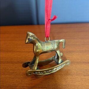 Vintage Gold Rocking Horse Ornament with Red Ribbon